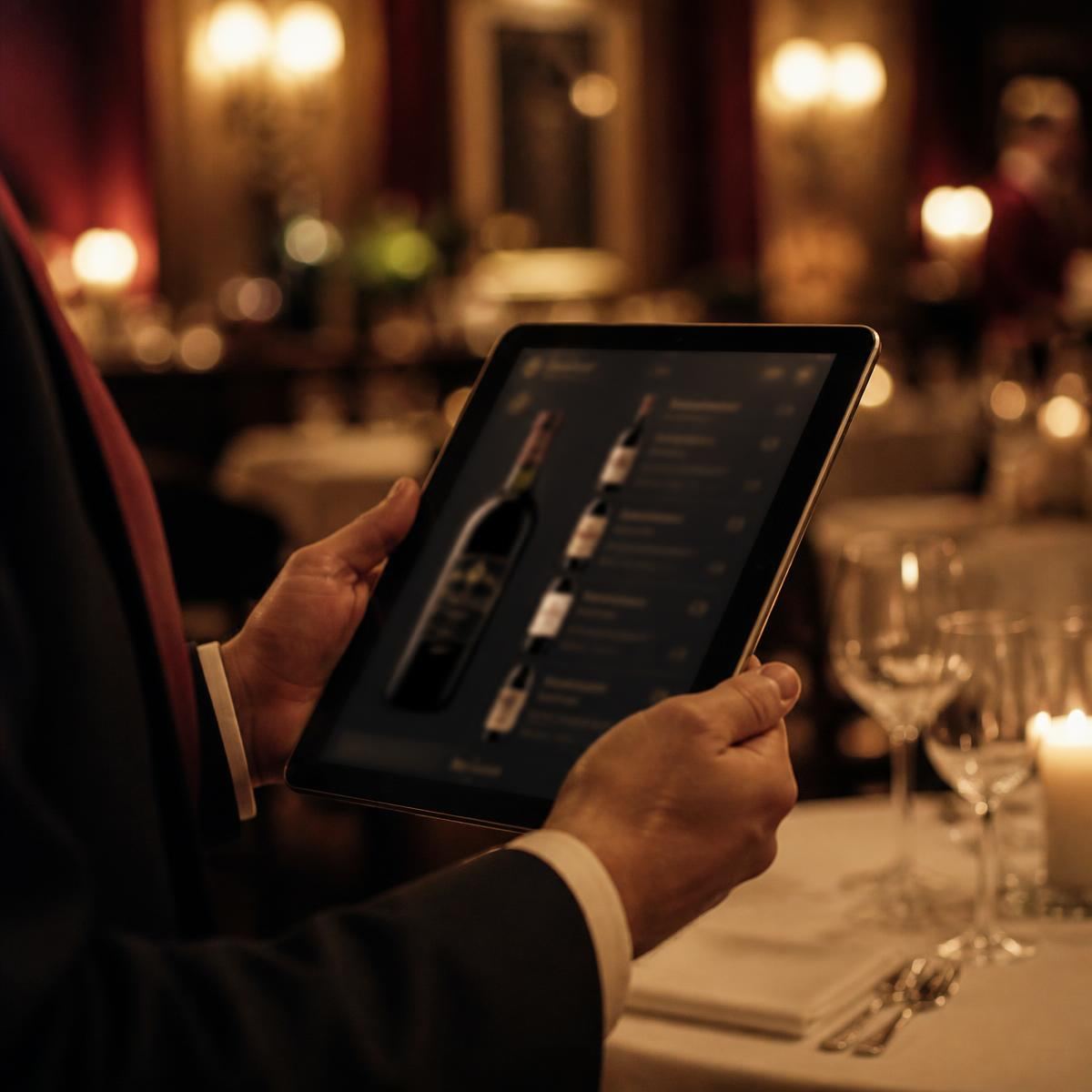 Tablette affichant Œnys OS tenue en main pendant le service en salle.