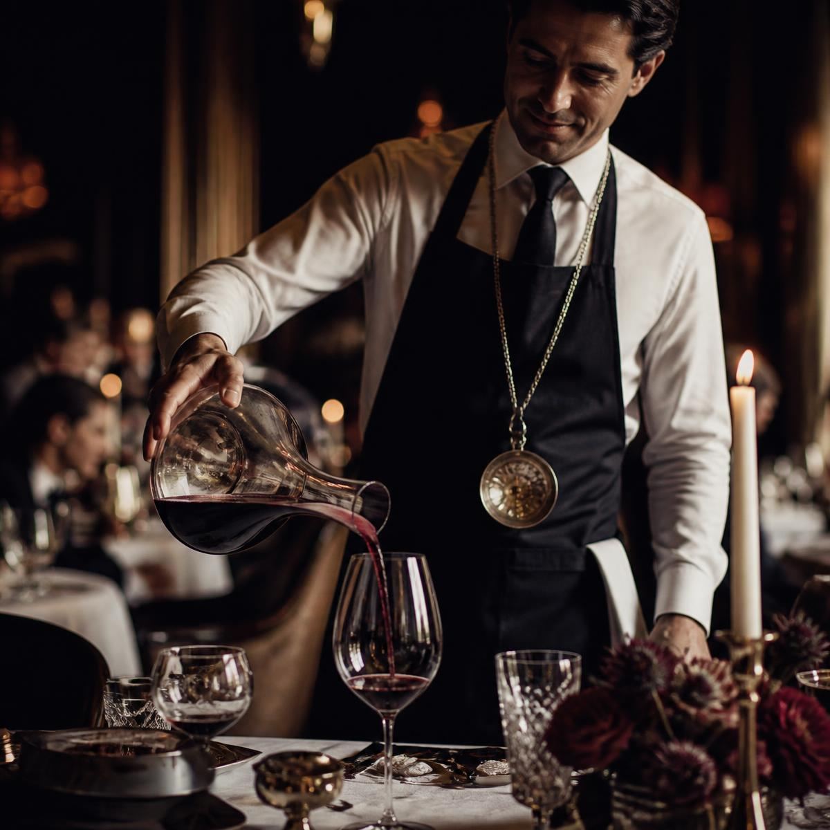 Sommelier en veste de service présentant une bouteille à table.