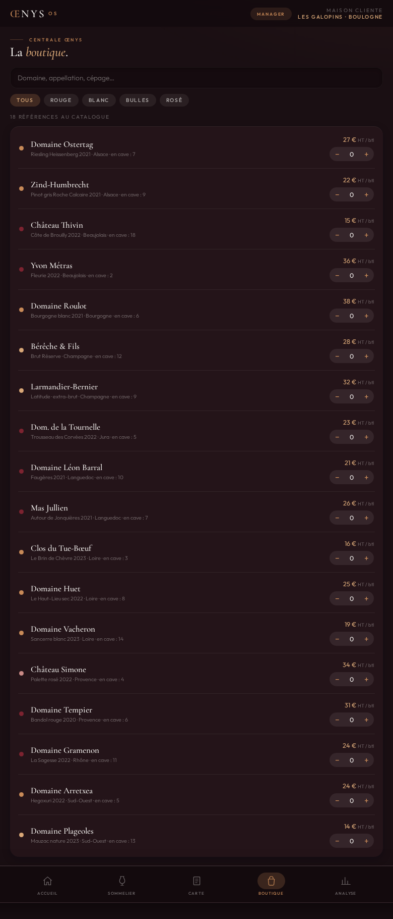Œnys OS — Commande en cave