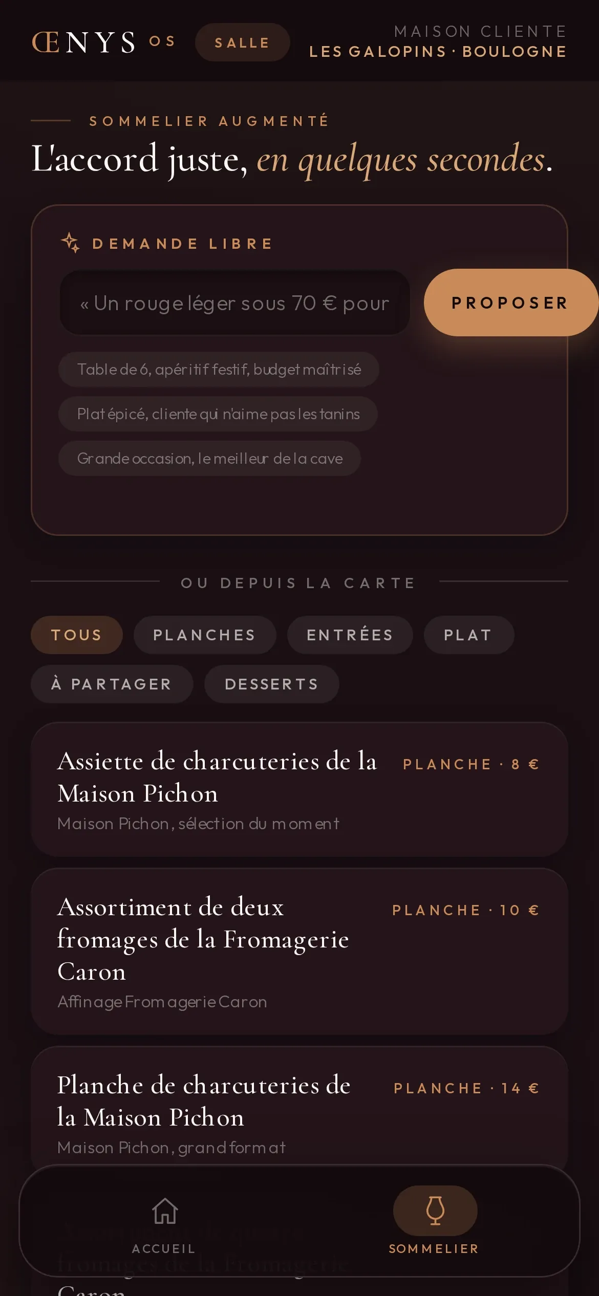 Écran Œnys OS du sommelier augmenté : recherche en langage naturel d'un vin rouge léger pour une table, avec suggestions d'accords.