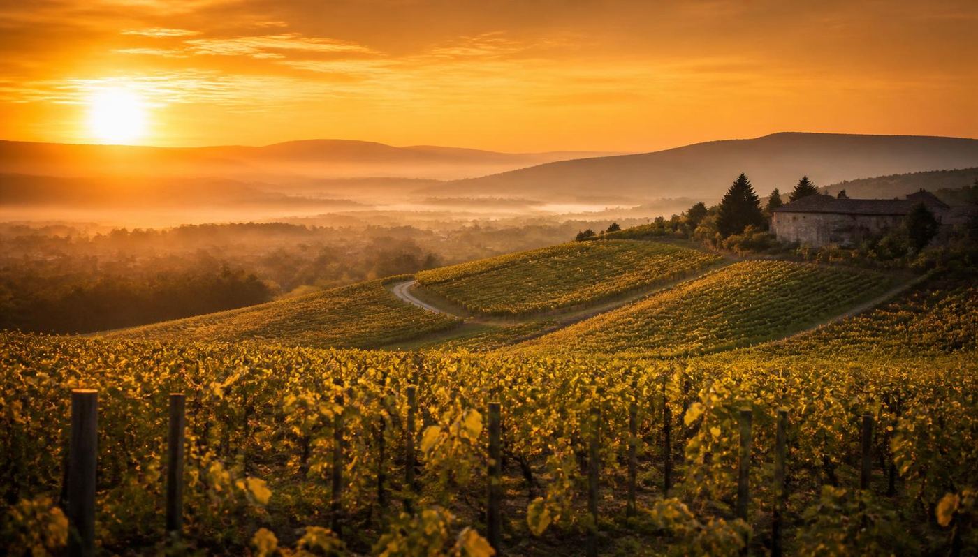Rangs de vigne au lever du jour dans un vignoble français.