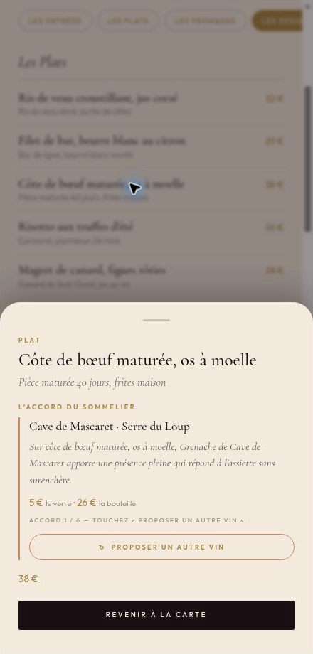 Écran réel, données de démonstration : accord vin proposé pour un plat, avec explication et prix.