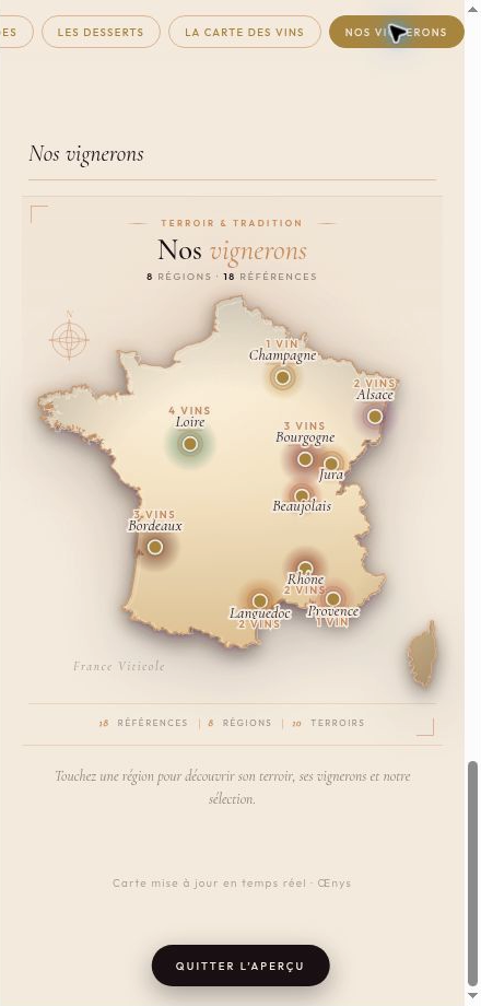 Écran réel, données de démonstration : carte des régions viticoles dans Œnys OS.