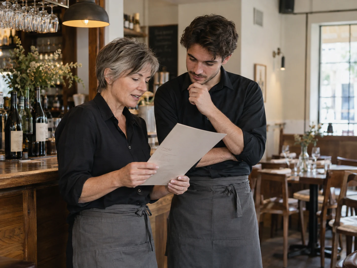 Deux professionnels de salle préparent le service ensemble