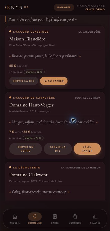Écran réel, données de démonstration : vins proposés pour l’apéritif, notes de dégustation et prix.